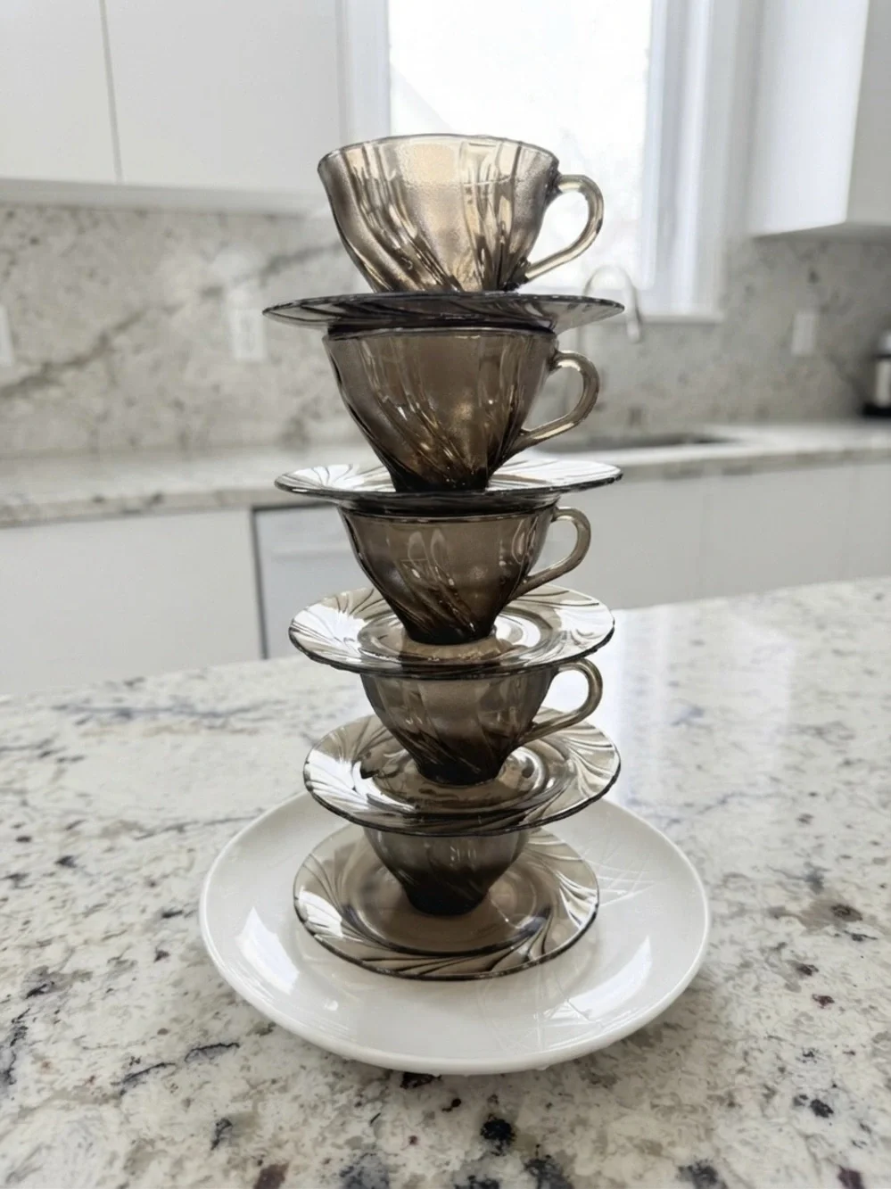 Vintage Duralex Smoked Glass Cups Saucers Tumblers Bowls Set 16 PC